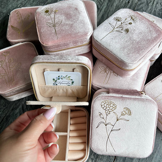 Birth Flower Velvet Travel Jewelry Box